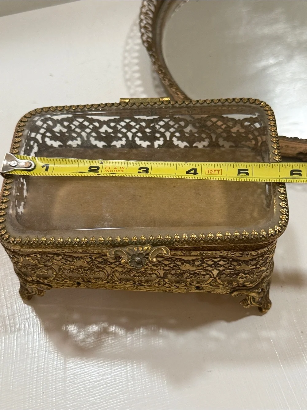 Vintage Ormolu Ornate Gold Brass Glass Jewelry Trinket Box & Round Mirrored Tray